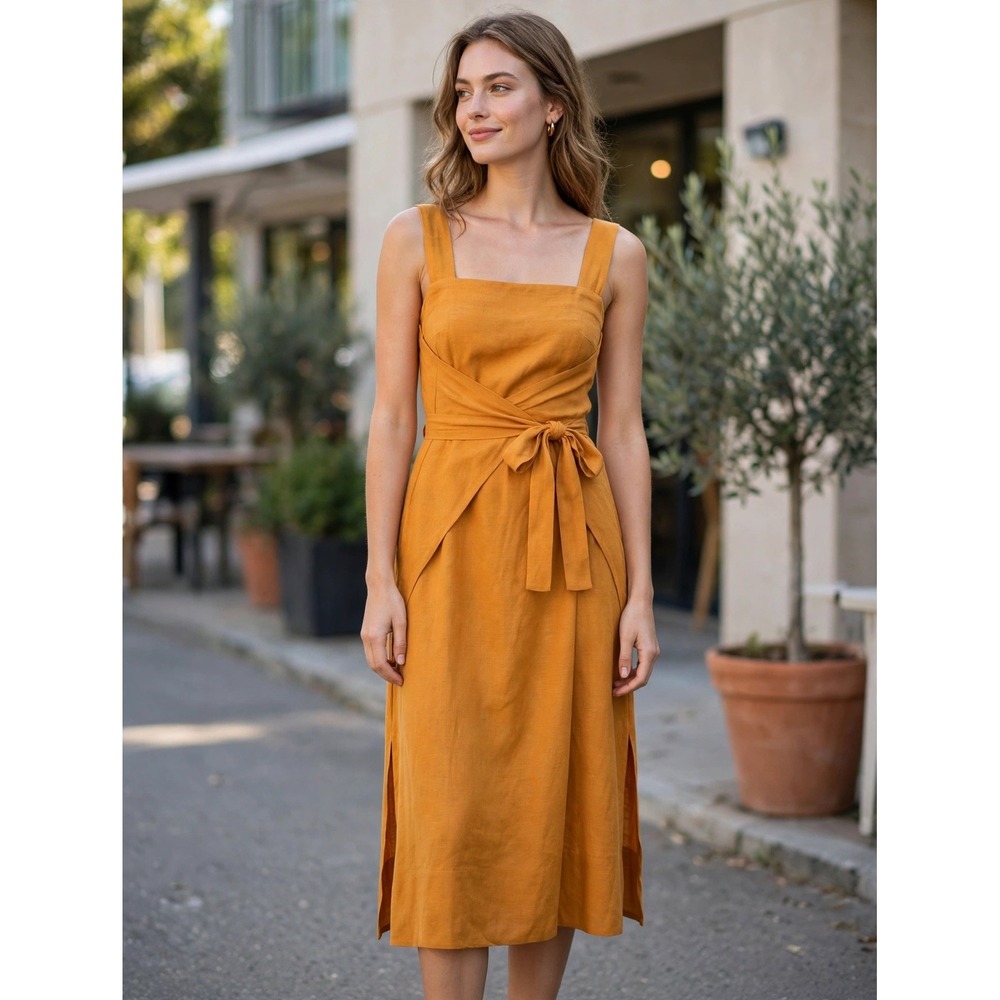 Cuyana Linen Blend Tie Waist Midi Dress Saffron Orange Size Small